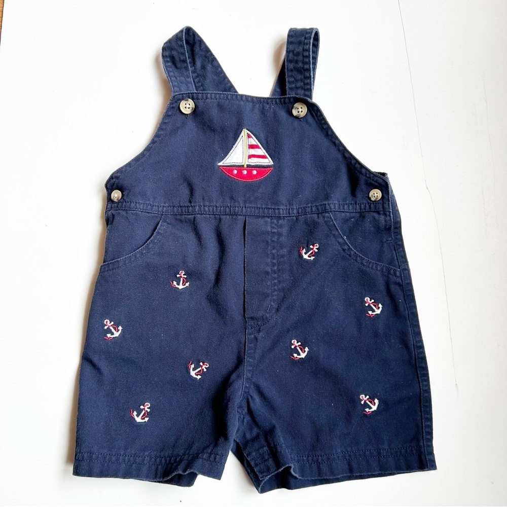 Starting Out Navy Sailor Overalls Shorts with Sailboat and Anchor Embroidery